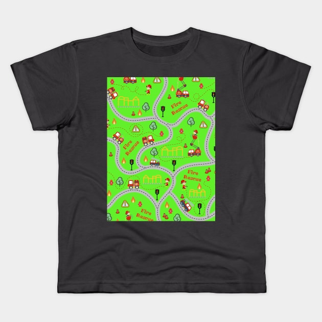 Fireman cute seamless kids pattern bright green Kids T-Shirt by Arch4Design